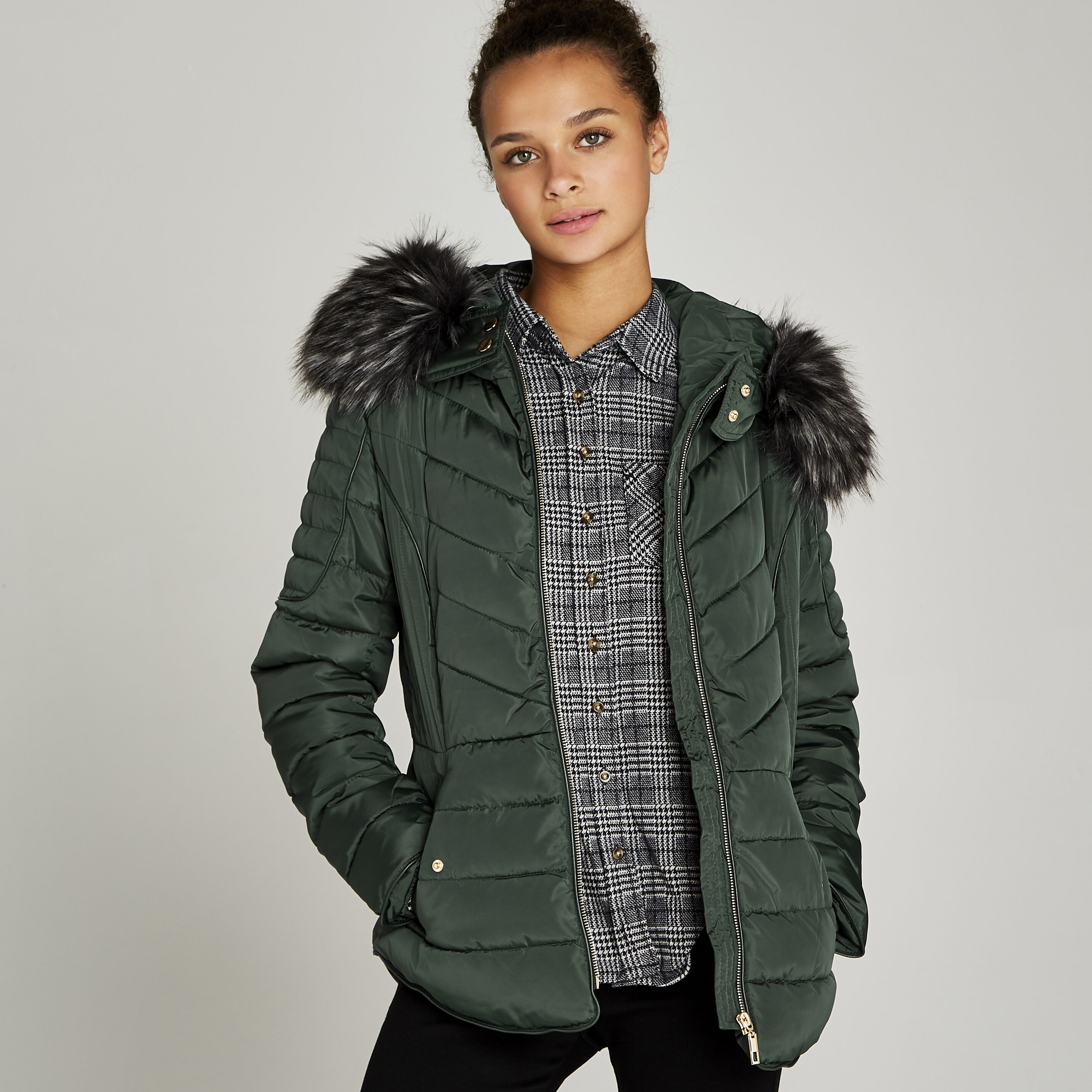 Green coat black fur hood outlet