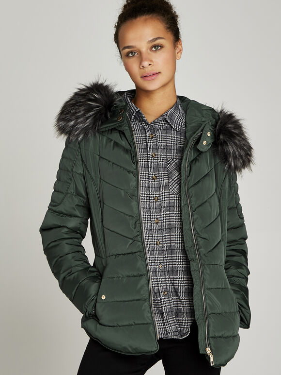 Faux Fur Hood Puffer Jacket, Green, large