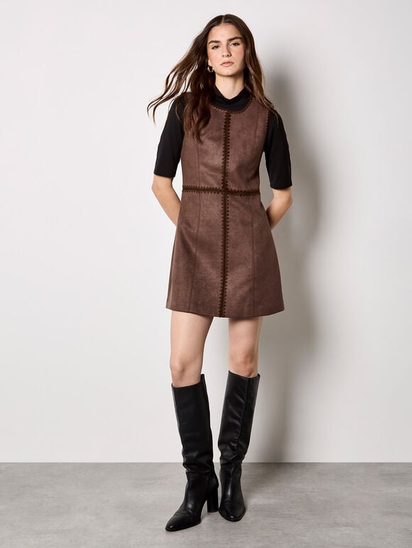 Stitch Detail Suedette Mini Dress, Brown, large