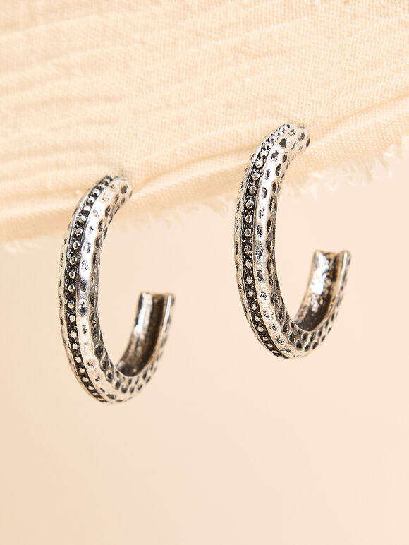 Silver Tone Textured Hoop Earrings, Silver, large
