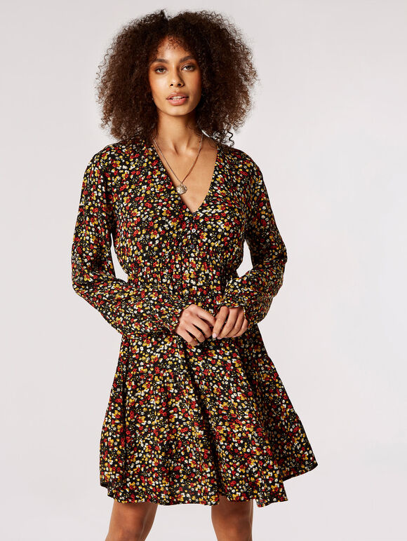Ditsy Floral Tiered Mini Dress, Black, large