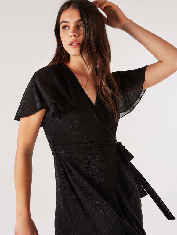 Sparkle Wrap Ruffle Mini Dress, Black, large