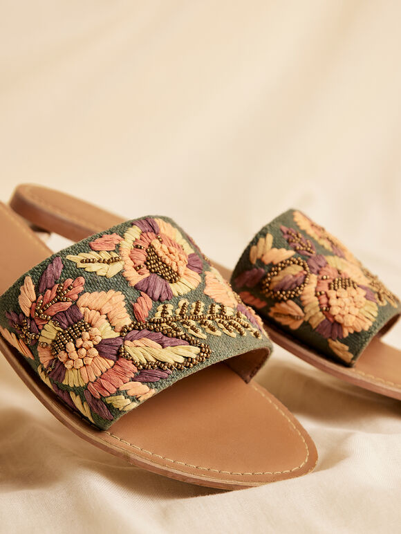 Embroidered Canvas Flat Sandal, Green, large