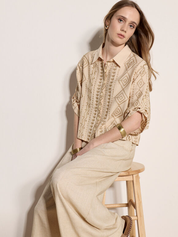 Geometric Shimmer Embroidered Shirt, Stone, large