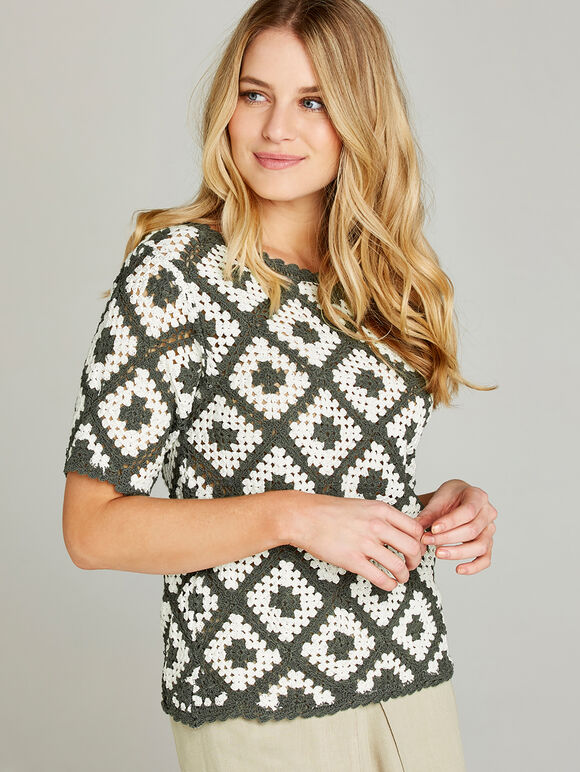 Crochet Short Sleeve Top, Khaki, large