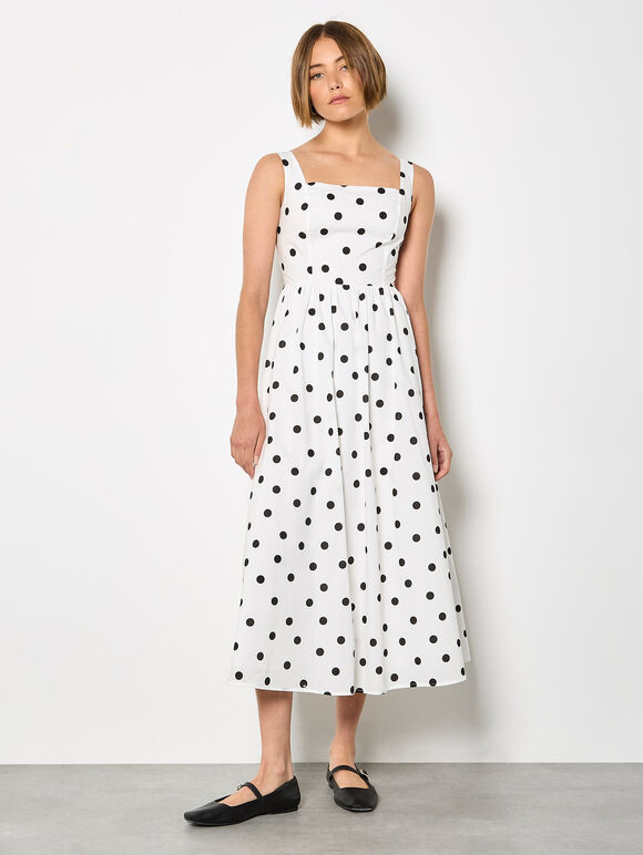 Polka Dot Smocked Midi Dress, White, large