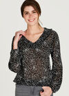 Star Print Ruffle Detail Blouse, Black, large