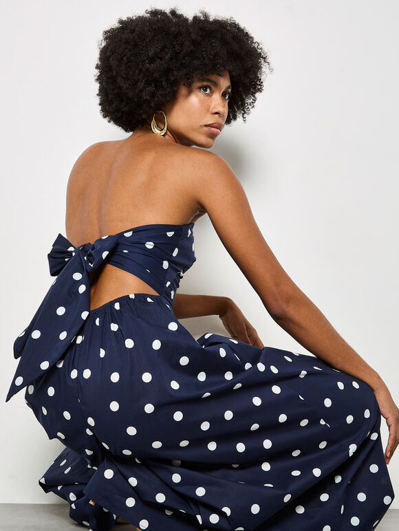 Polka Dot Bow Back Wide-Leg Jumpsuit, Navy, large