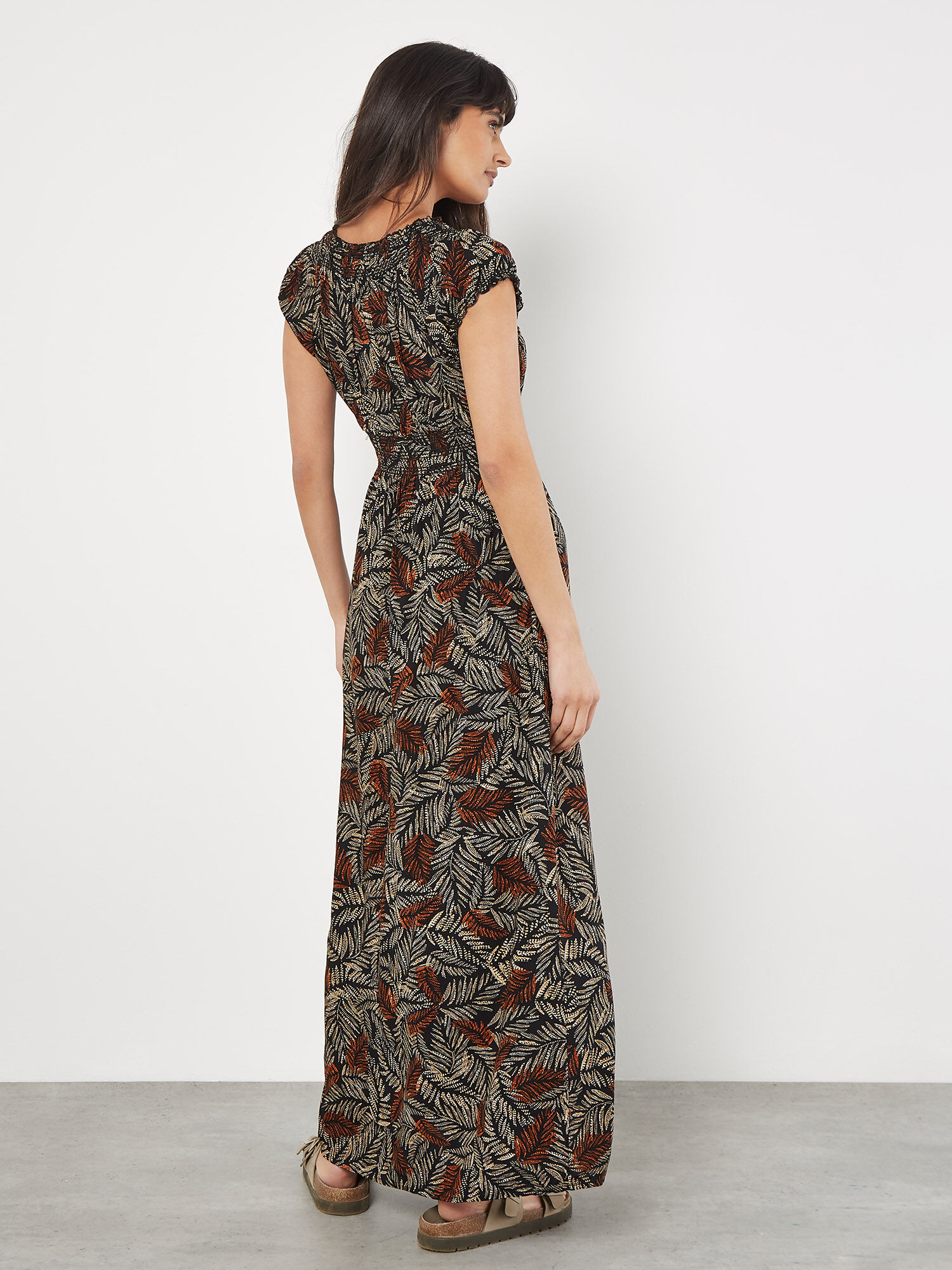 Rustic Leaf Print Smocked Maxi Dress Apricot Clothing