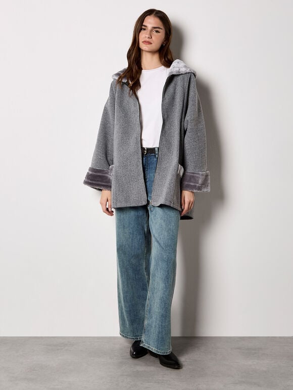 Faux Fur Zip Fleece Jacket, Grey, large