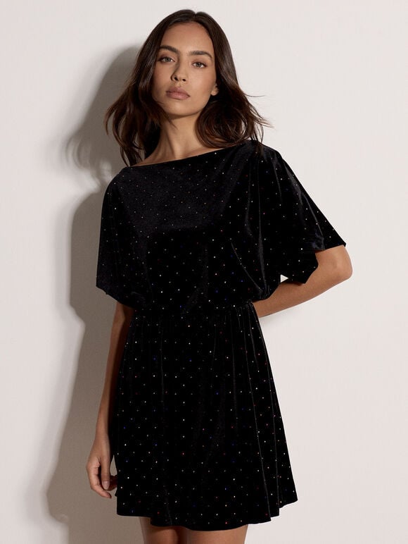 Multicolour Gem Velvet Mini Dress, Black, large