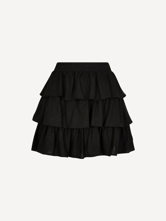 Linen Blend Ruffle Tiered Mini Skirt, Black, large