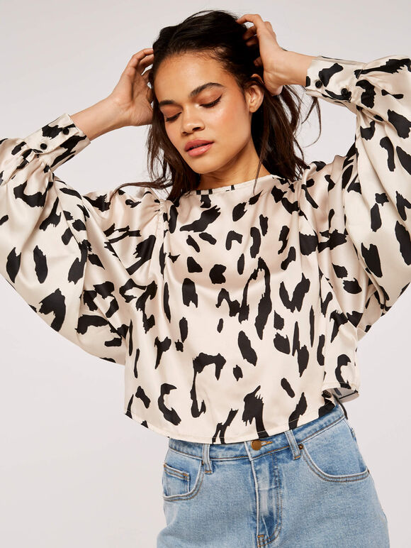 Cow Print Satin Top, Stone, large