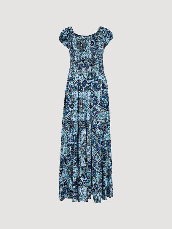 Scarf Print Milkmaid Maxi Dress, Blue, large