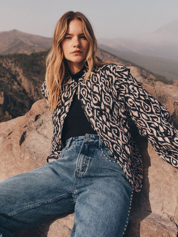 Textured Ikat Quilted Jacket, Black, large