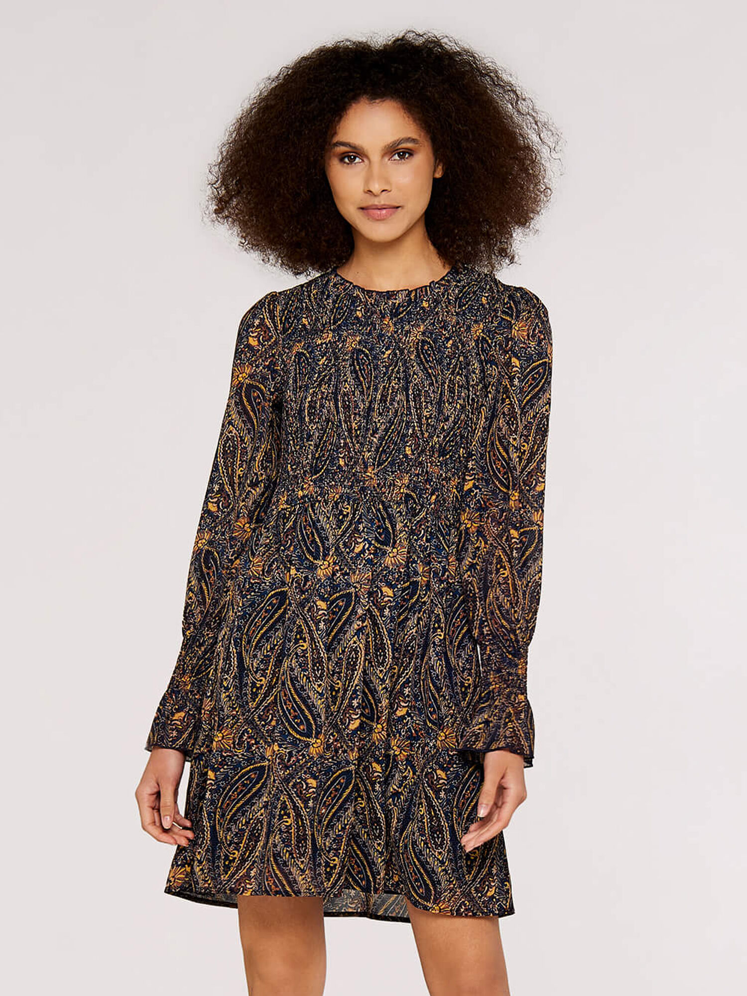 Ornate Paisley Smock Dress Apricot Clothing