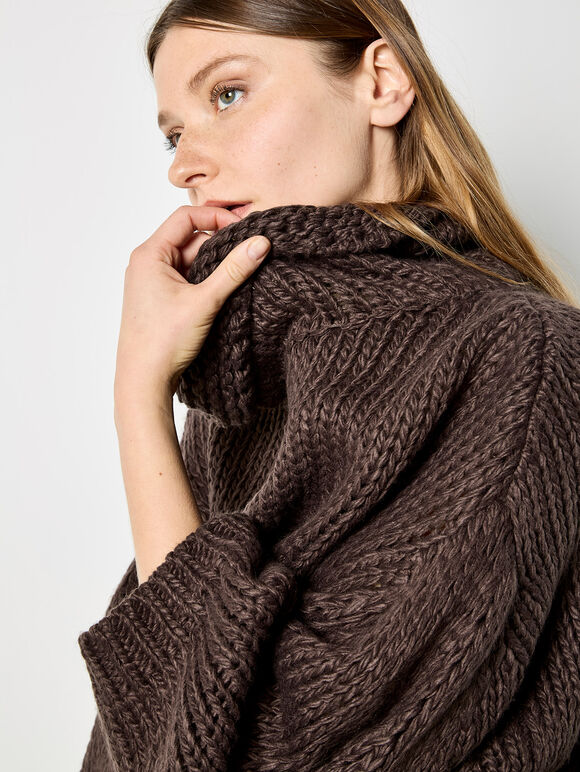 Chunky Knit Roll Neck Oversized Jumper, Brown, large
