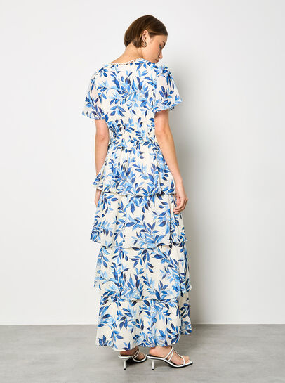 Watercolour Leaves Chiffon Tiered Maxi Dress