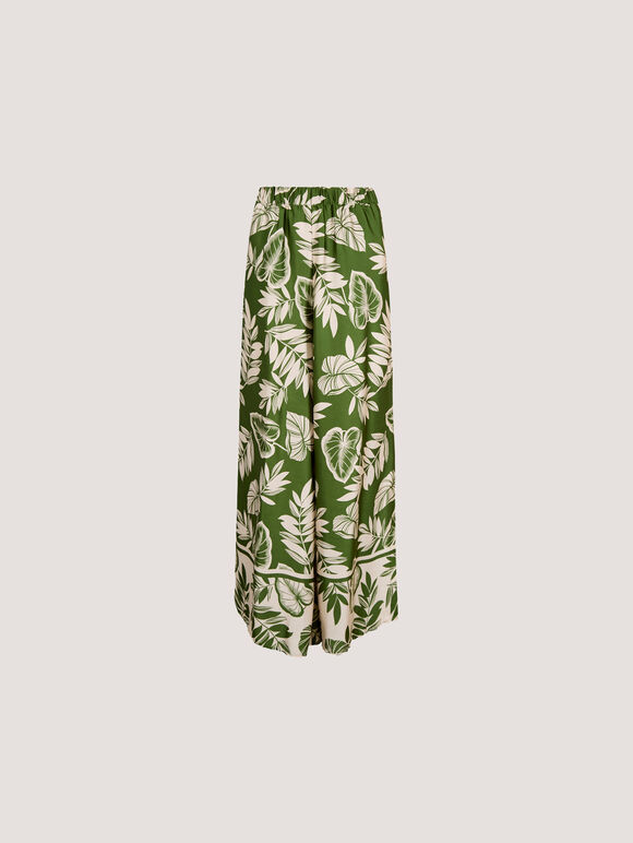 Tropical Leaf Print Satin Wide Leg Trousers, Green, large