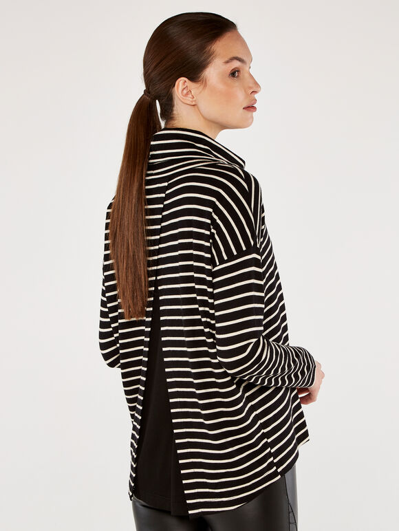 Cowl Neck Stripe Top, Black, large