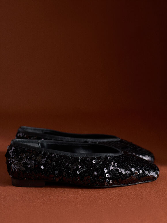 Sequin Embellished Ballerina Shoes, Black, large