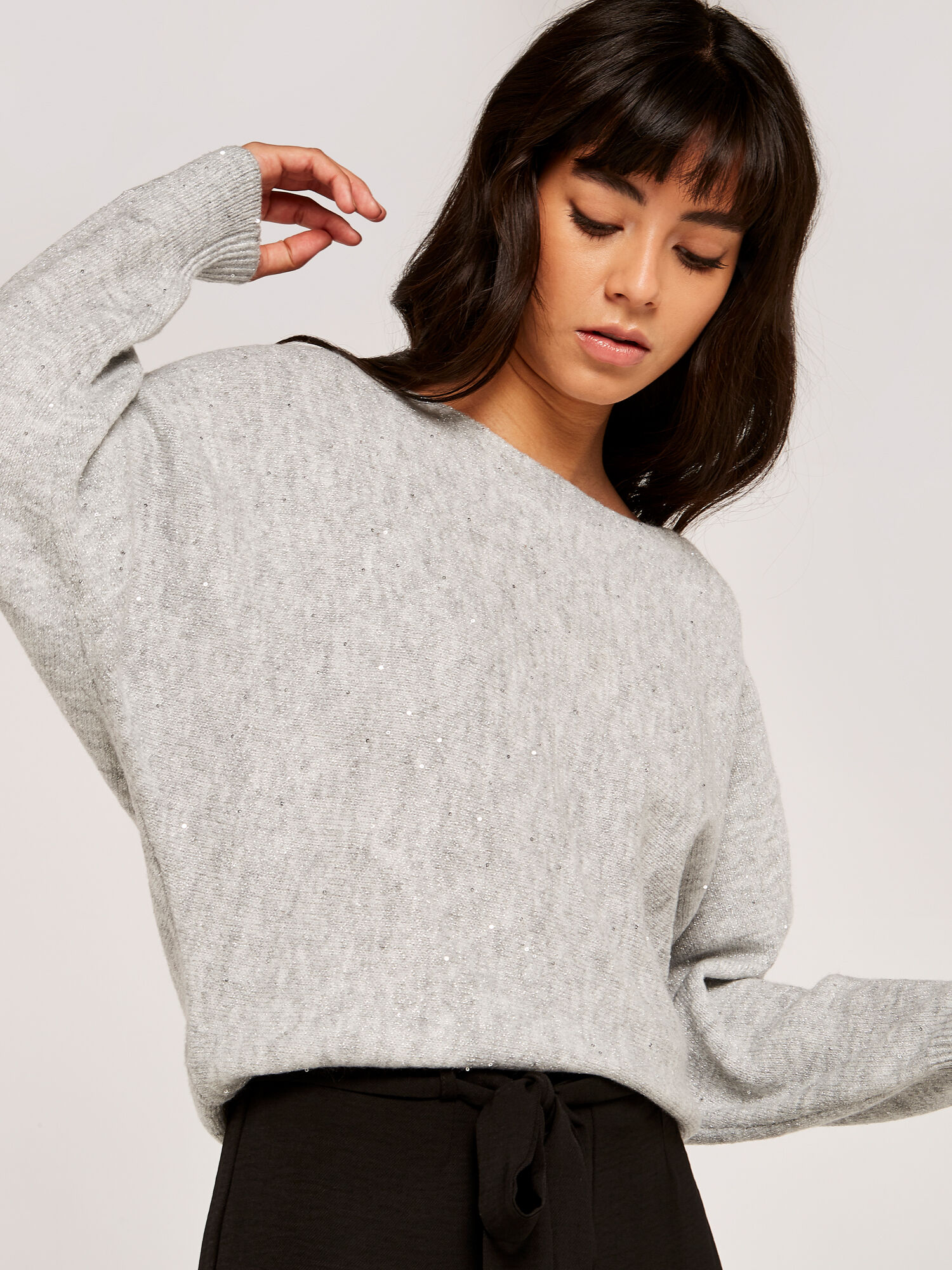 Sequin Slash Neck Jumper Apricot Clothing