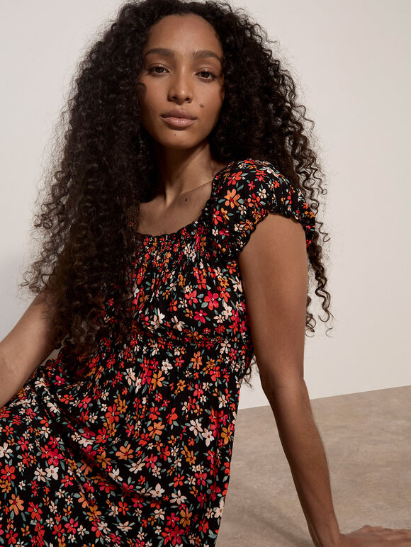 Ditsy Floral Print Milkmaid Midi Dress, Black, large