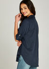 Collarless Three-Quarter Length Sleeve Top, Navy, large