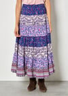 Patchwork Print Tiered Maxi Skirt, Purple, large