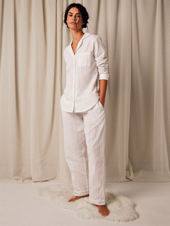 Embroidered Stripe Trouser, White, large