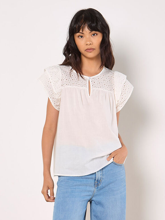 Broderie Yoke Cotton Top, White, large