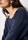 Diamante Ribbed Batwing Jumper, Navy, large