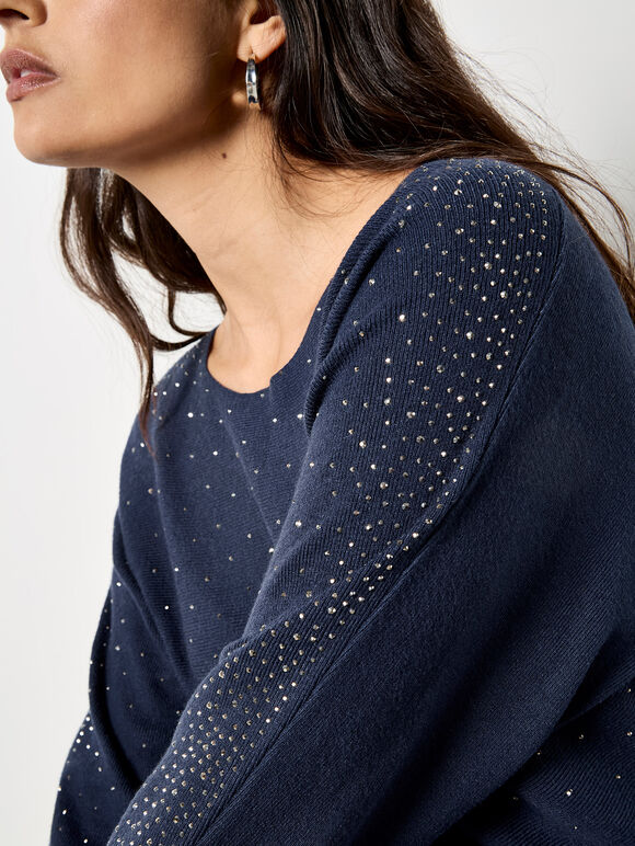 Diamante Ribbed Batwing Jumper, Navy, large