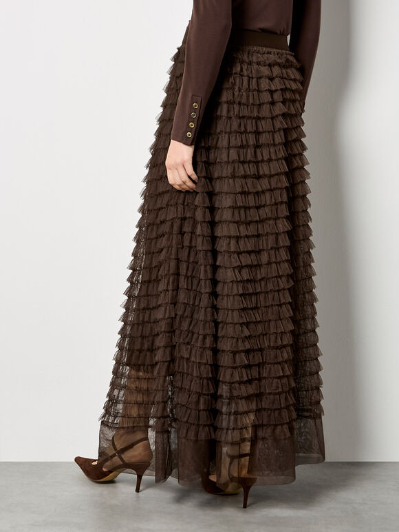 Ruffle Tiered Tulle Maxi Skirt, Brown, large