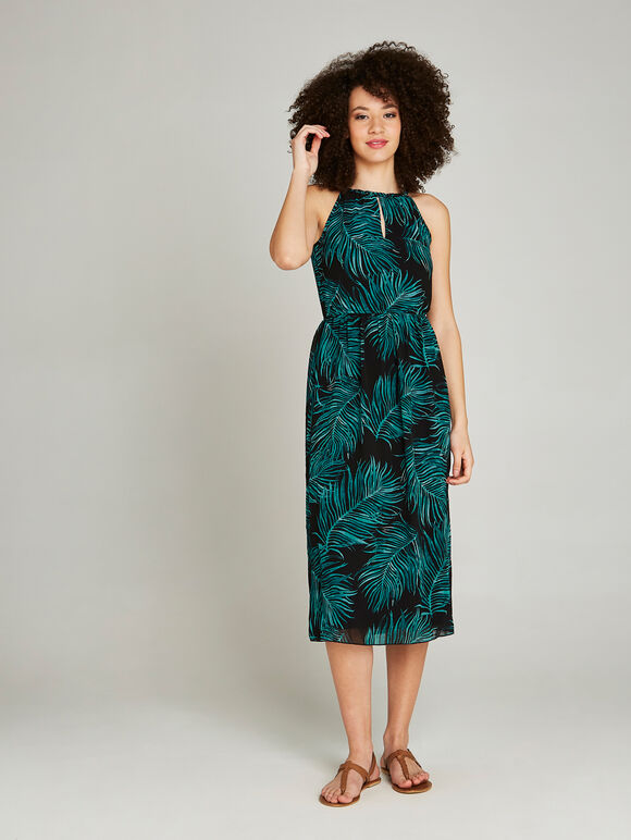 Braided Neck Palm Leaf Midi Dress, Teal, large