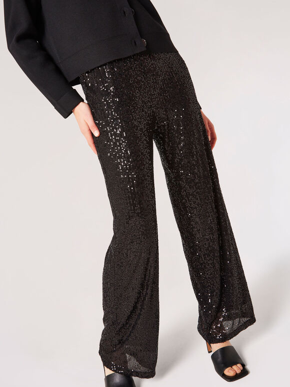 Sequin Embellished Palazzo Trousers, Black, large