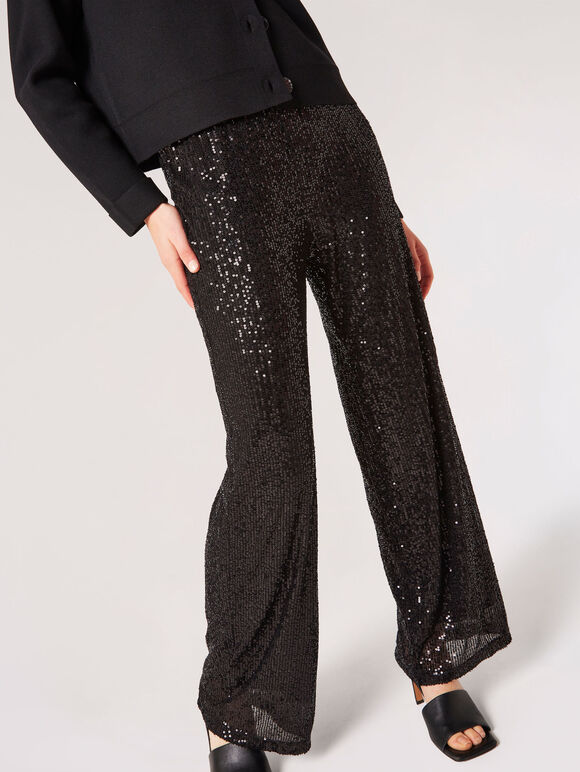 Sequin Embellished Palazzo Trousers, Black, large
