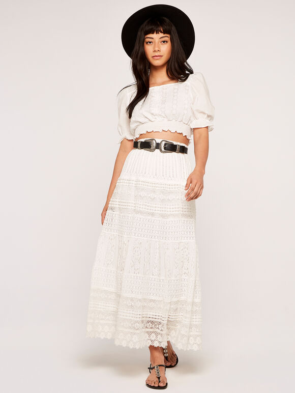 Lace Crochet Skirt, White, large
