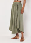 Linen Blend Hanky Hem Midi Skirt, Khaki, large