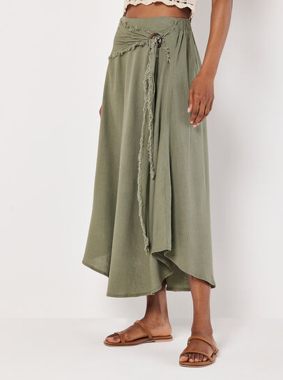Linen Blend Hanky Hem Midi Skirt