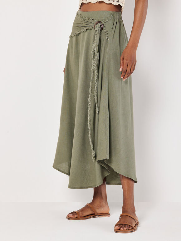 Linen Blend Hanky Hem Midi Skirt, Khaki, large