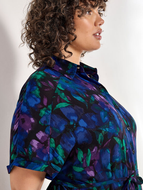 Curve Floral Shirt Midaxi Dress, Blue, large