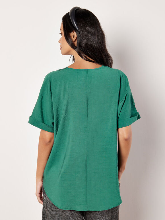 Pleat Detail V-Neck Top, Green, large