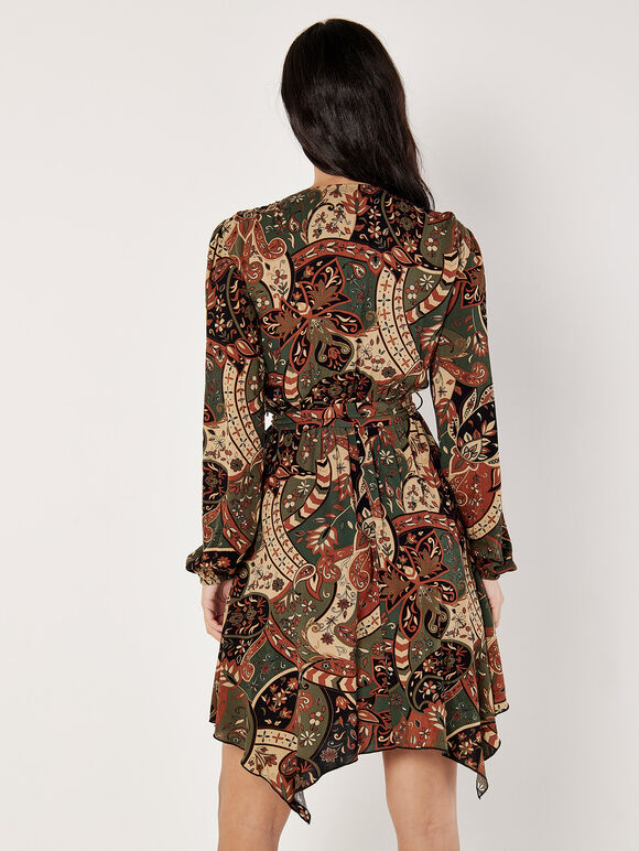 Paisley Wrap Mini Dress, Khaki, large