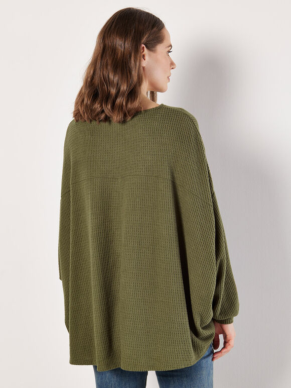 Soft-Touch Oversized Waffle Knit Top, Khaki, large