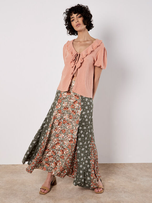 Floral Patchwork Print Midi Skirt, Khaki, large