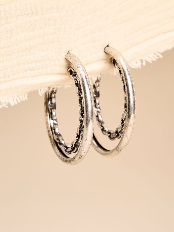 Silver Tone Double Hoop Earrings, Silver, large