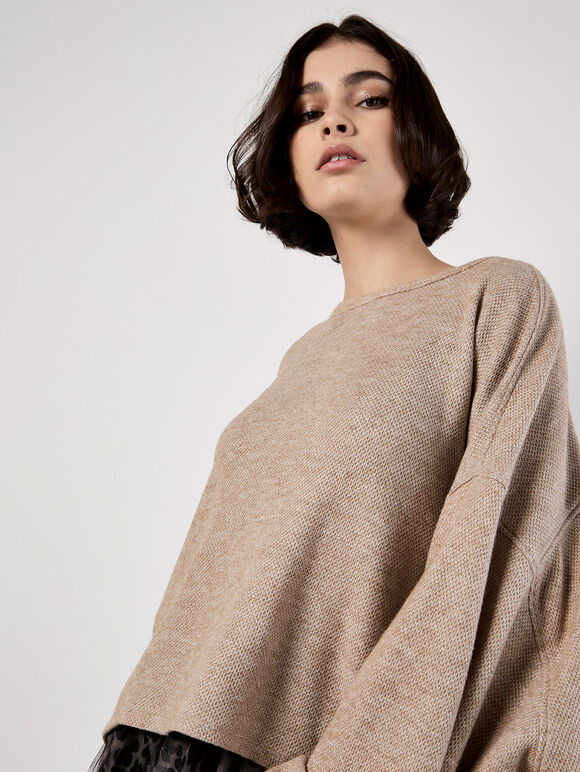 Honeycomb Knit Oversized Top, Stone, large