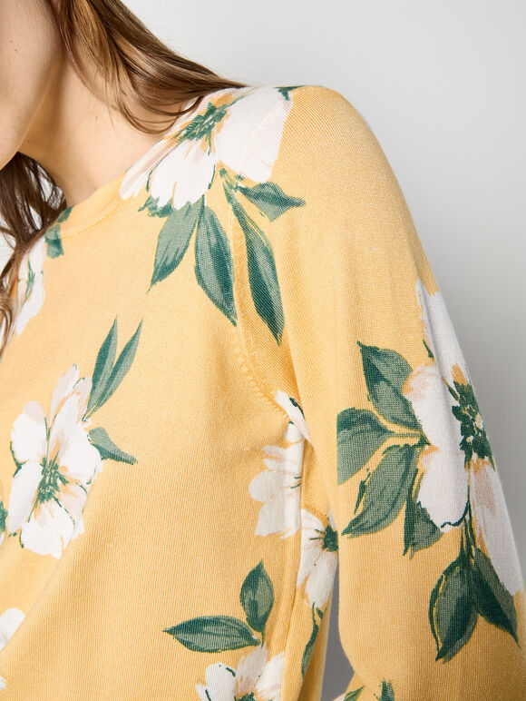 Floral Print Fine Knit Jumper, Yellow, large