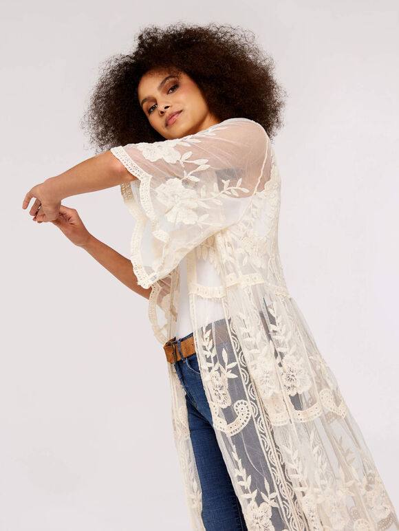 Embroidered Mesh Longline Kimono, Stone, large